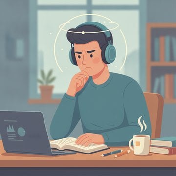 Illustration of a person's head with swirling thoughts and scattered focus elements, representing brain wandering and concentration challenges.
