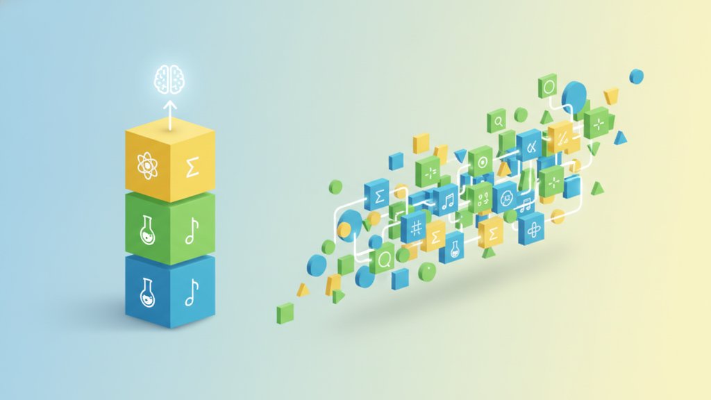 Conceptual illustration of mixed practice versus blocked practice, showing varied items being shuffled and combined into a structured learning flow to represent interleaving study technique.