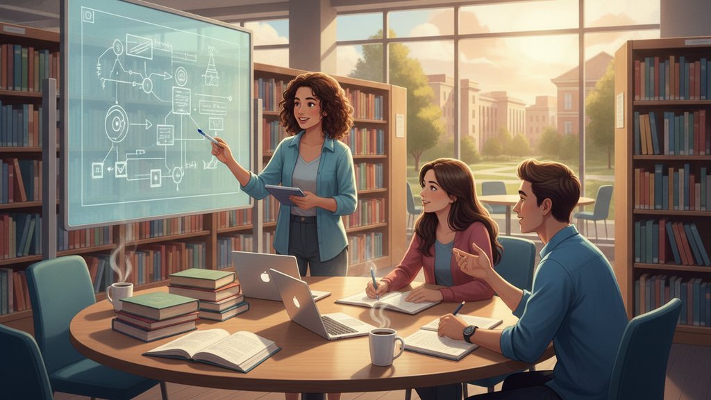 Illustration of collaborative learning, showing people studying together while one person explains a concept using a digital board.