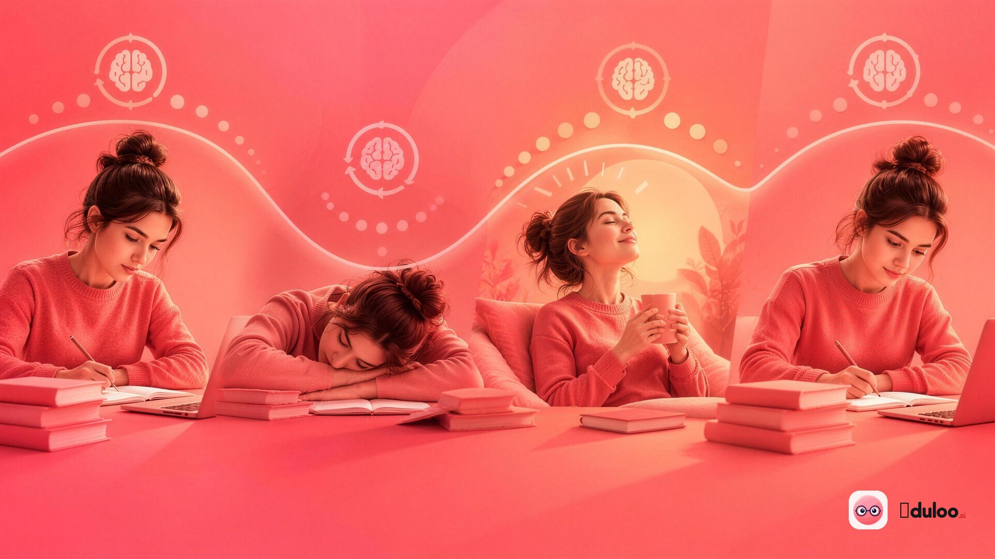 Illustration of a student’s changing motivation and energy while studying.