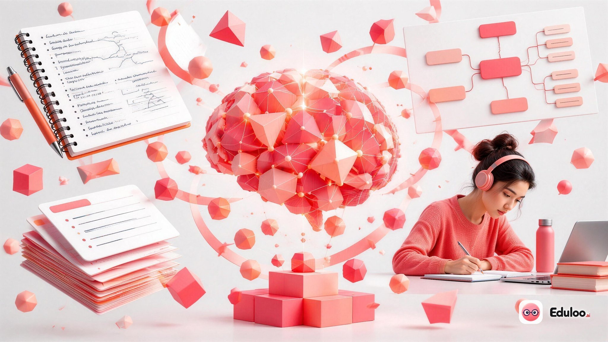 A colorful split-brain diagram surrounded by open notebooks and sticky notes illustrating note-taking methods that aid memory retention.
