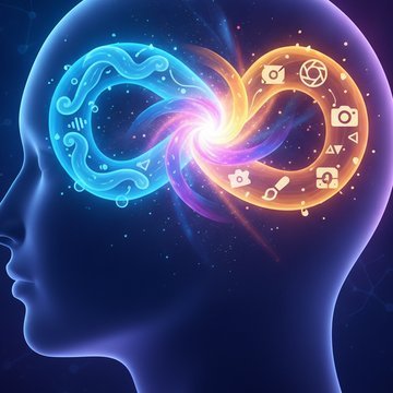 Abstract illustration of a brain with interconnected visual and verbal symbols, representing how dual coding theory enhances memory through combined imagery and language.