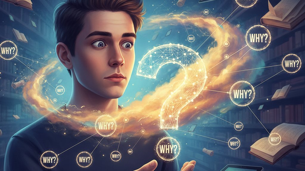 Illustration of a student surrounded by glowing “why” questions and books, symbolizing elaborative interrogation as a learning technique.