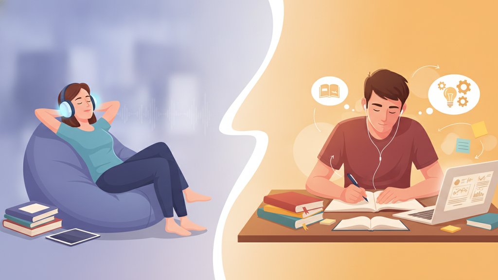 Illustration contrasting passive and active listening: a person relaxes while listening to audio on the left, while another person attentively studies, takes notes, and engages with learning materials on the right.