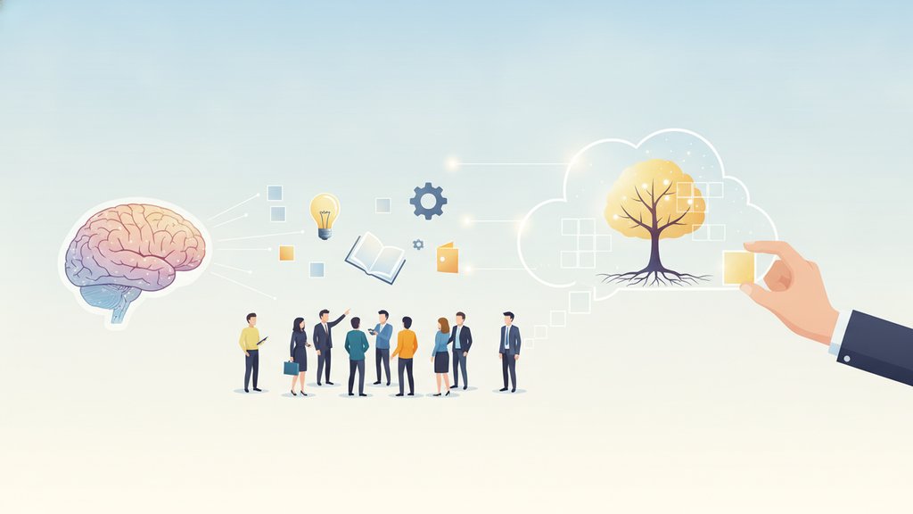 Illustration of active learning, with people generating ideas from a brain and books, representing the generation effect and stronger memory through self-produced answers.