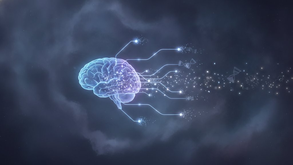 Glowing translucent brain with neural pathways dissolving into scattered light particles, symbolizing memory fading over time